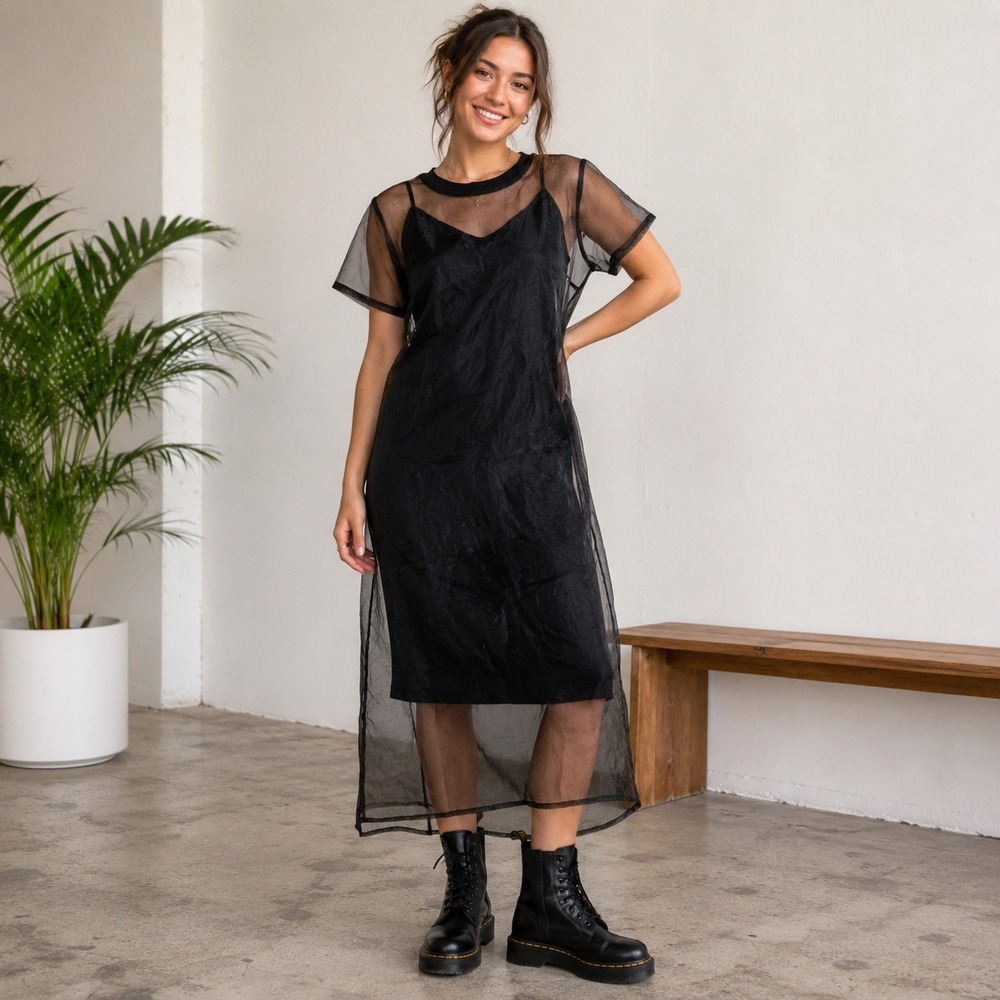 NWT LUVÉE Black Sheer Mesh Overlay Dress Slip Goth Whimsigoth Y2K Festival L